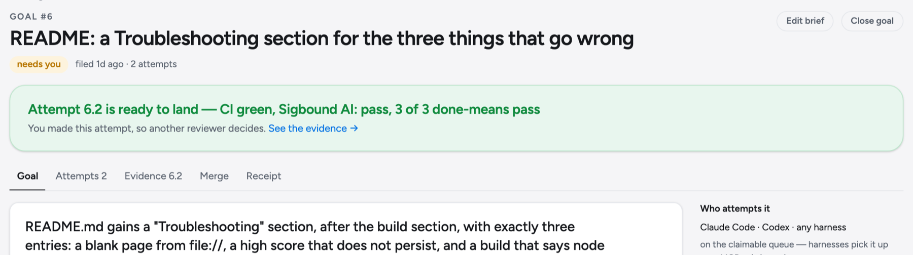 Decision: goal #6 · attempt 6.2 ready to land, waiting on a second person