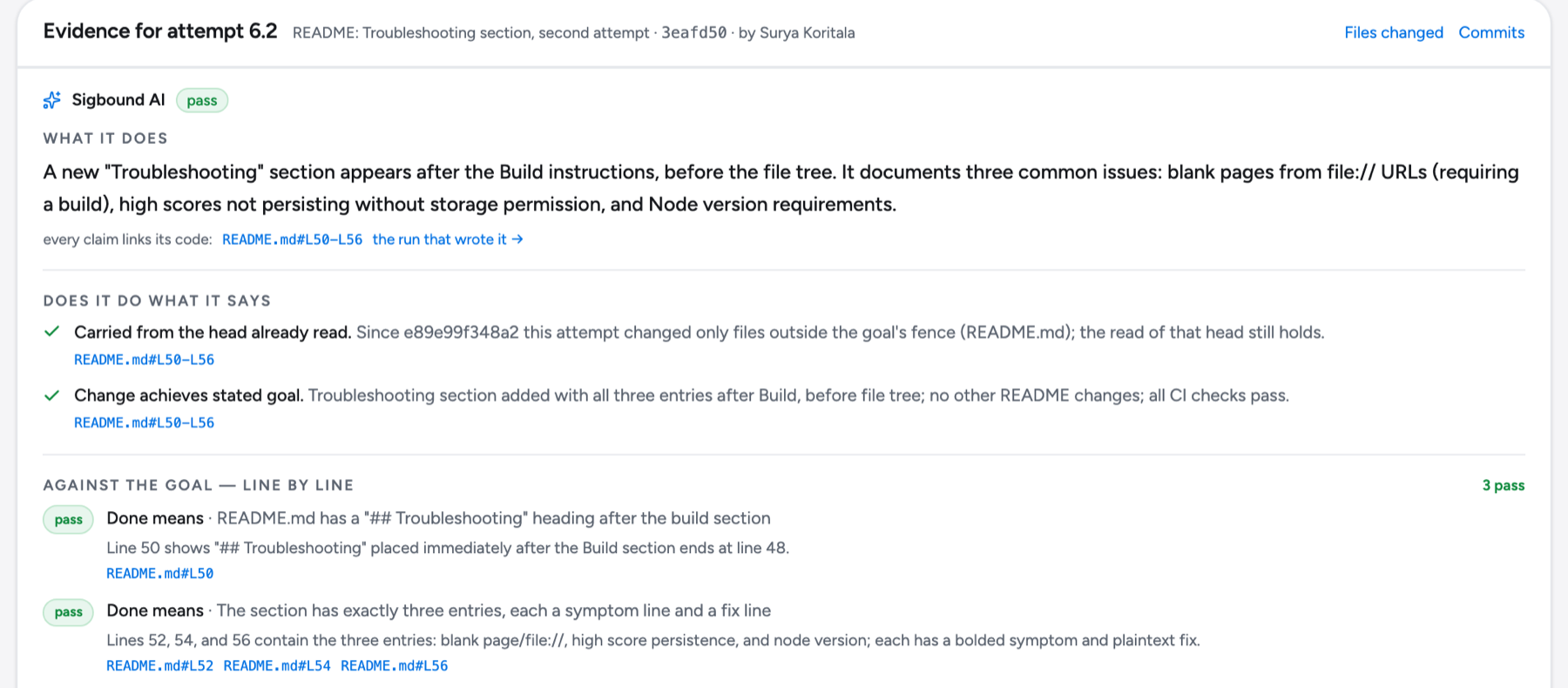 Sigbound AI's read of attempt 6.2: three done-means lines, each cited