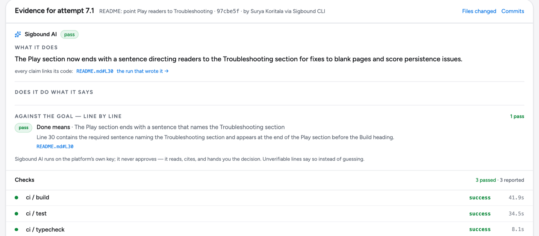 Evidence: evidence for 7.1 · the read, the line-by-line score, three green checks