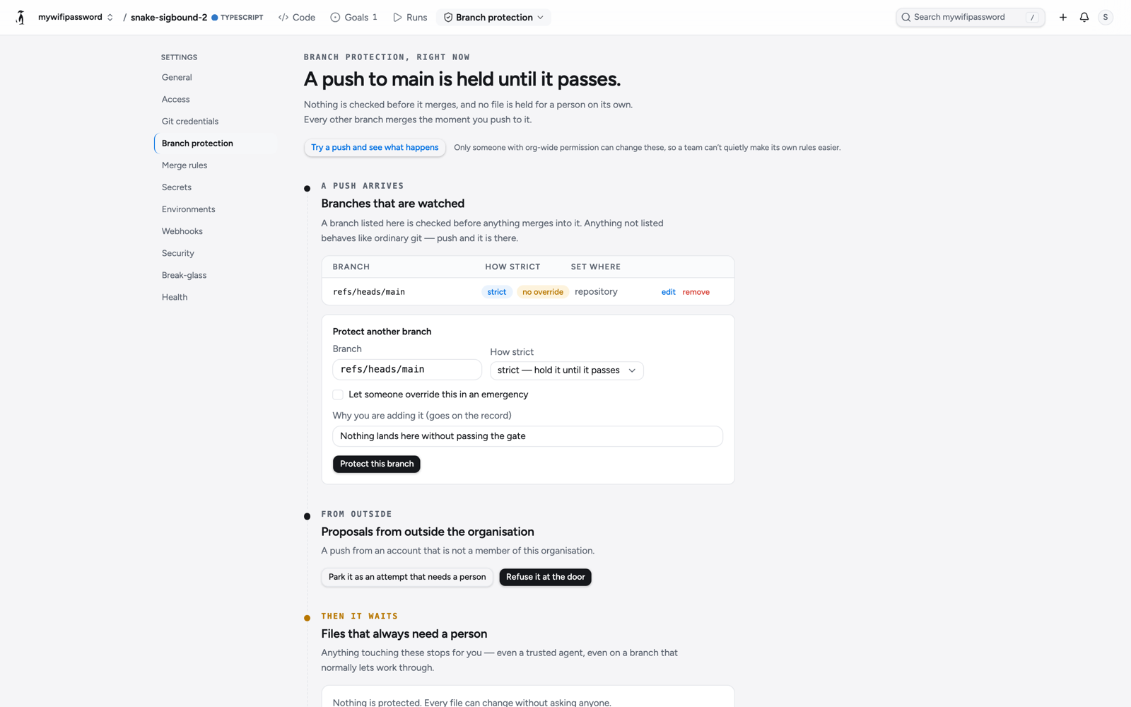 The Branch protection page of a repository: main is strict with no override, a form to protect another branch, the outside-proposal switch, and the files that always need a person
