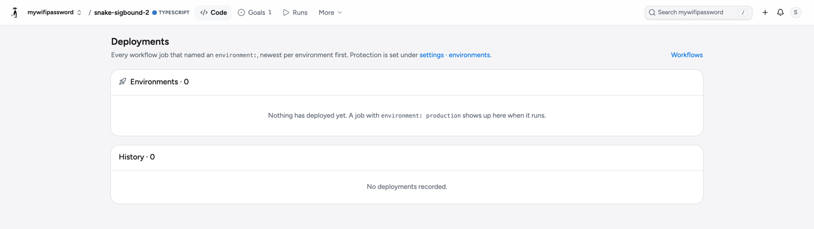 The Deployments screen: Environments 0, 'Nothing has deployed yet', History 0, 'No deployments recorded.'