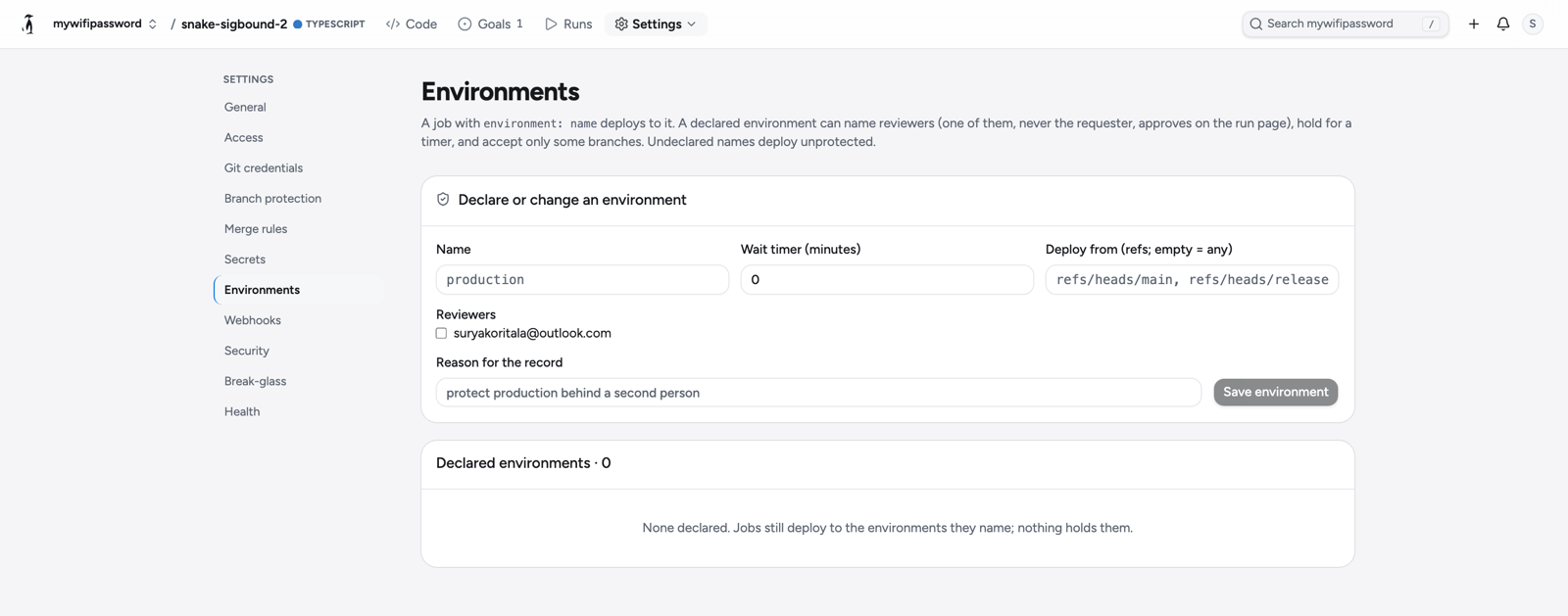 Environments settings: declare an environment with a name, a wait timer, the branches it deploys from, and its reviewers