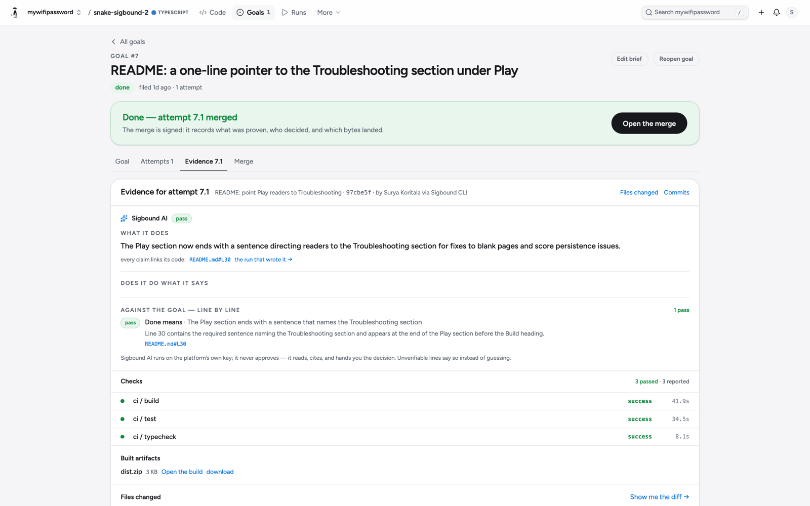 Evidence for attempt 7.1: Sigbound AI's cited read, each done-means line, then the checks
