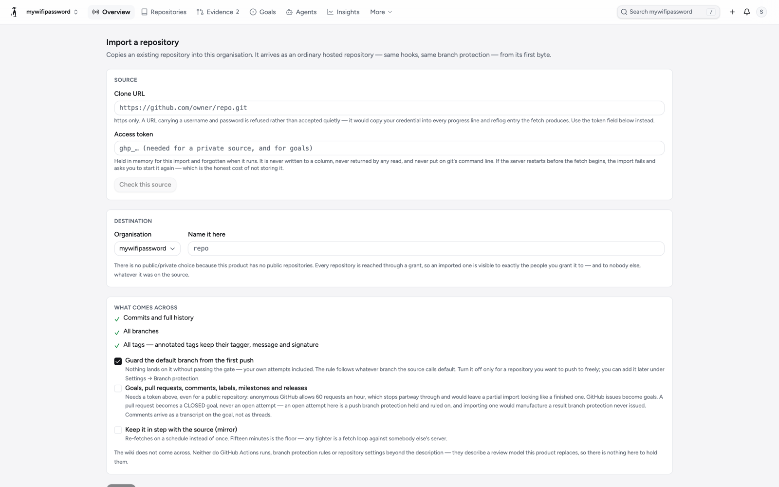 Import a repository: clone URL and access token, destination space and name, what comes across, and the three options