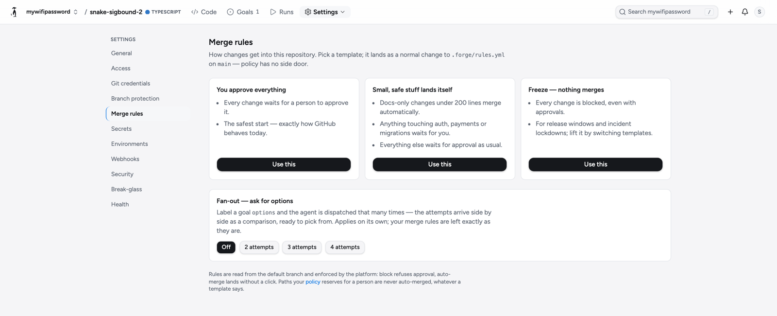 The Merge rules page of a repository: three templates, you approve everything, small safe stuff lands itself, freeze, and a fan-out setting