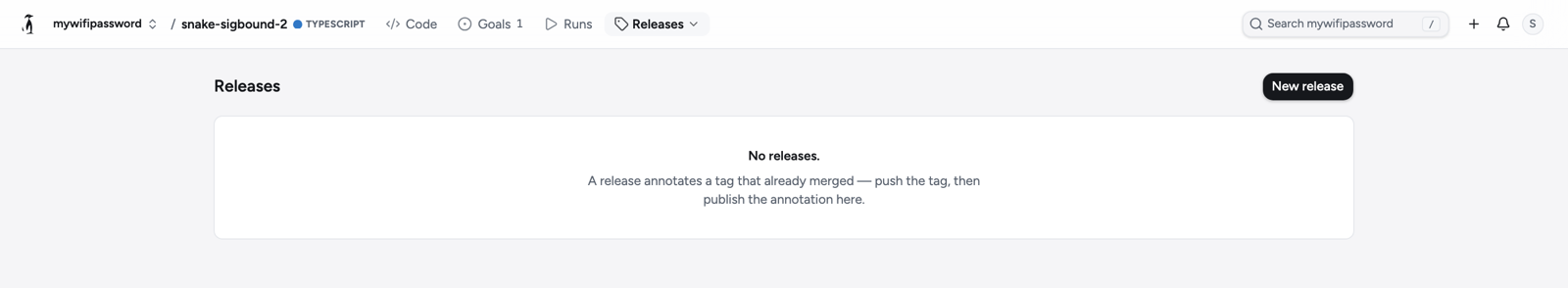 The Releases screen for a repository with no releases: 'No releases. A release annotates a tag that already merged — push the tag, then publish the annotation here.'