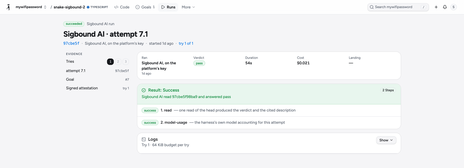 The Sigbound AI run for attempt 7.1: verdict pass, 54 seconds, cost $0.021, one read and the model usage step