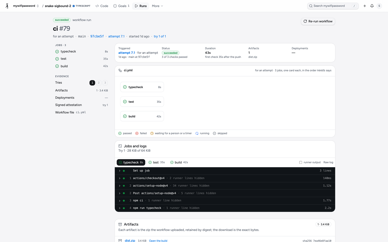 A workflow run page: three jobs typecheck, test and build all passed, the typecheck job's steps unfolded in the log, one artifact dist.zip