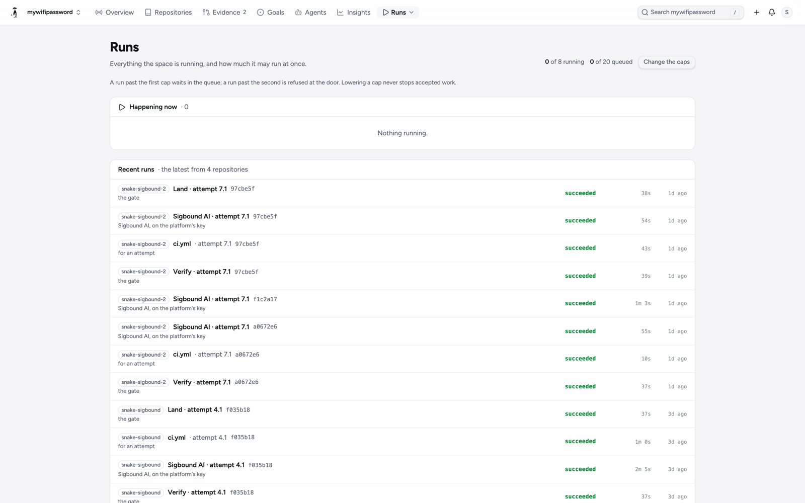 The space Runs page: 0 of 8 running, 0 of 20 queued, nothing happening now, recent runs from four repositories