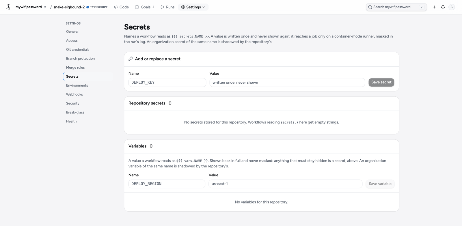 Repository secrets settings: add or replace a secret, written once and never shown; variables below it