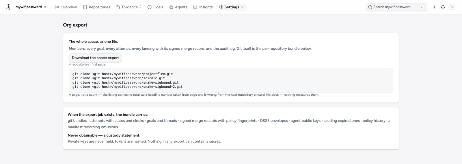 Space export: download the whole space as one file, and the git clone line for each of its four repositories