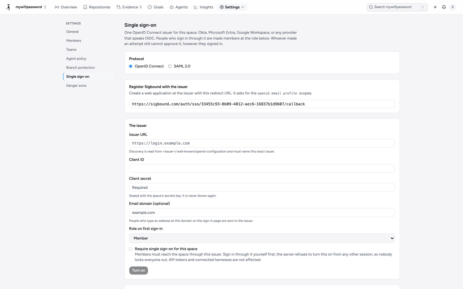 Single sign-on settings for a space: protocol, the redirect URL to register, issuer URL, client ID and secret, email domain, role on first sign-in, and the require switch