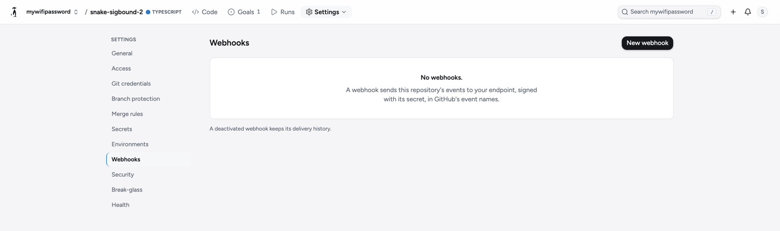 The Webhooks page of a repository with no webhooks yet: one sentence saying what a webhook does, and a New webhook button