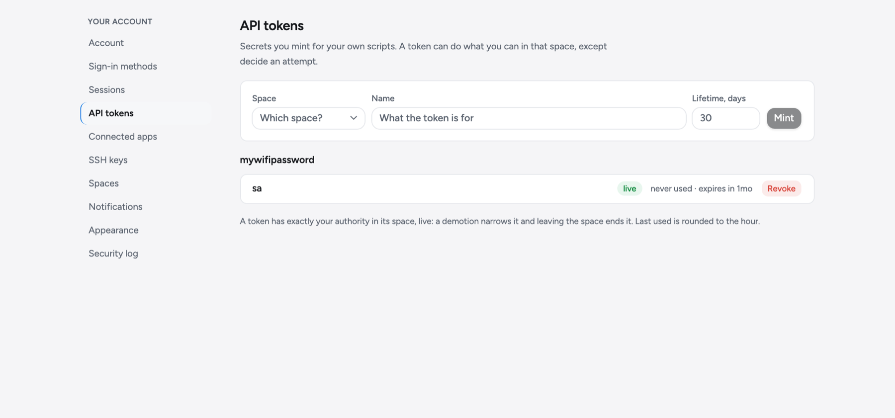 Settings → Tokens